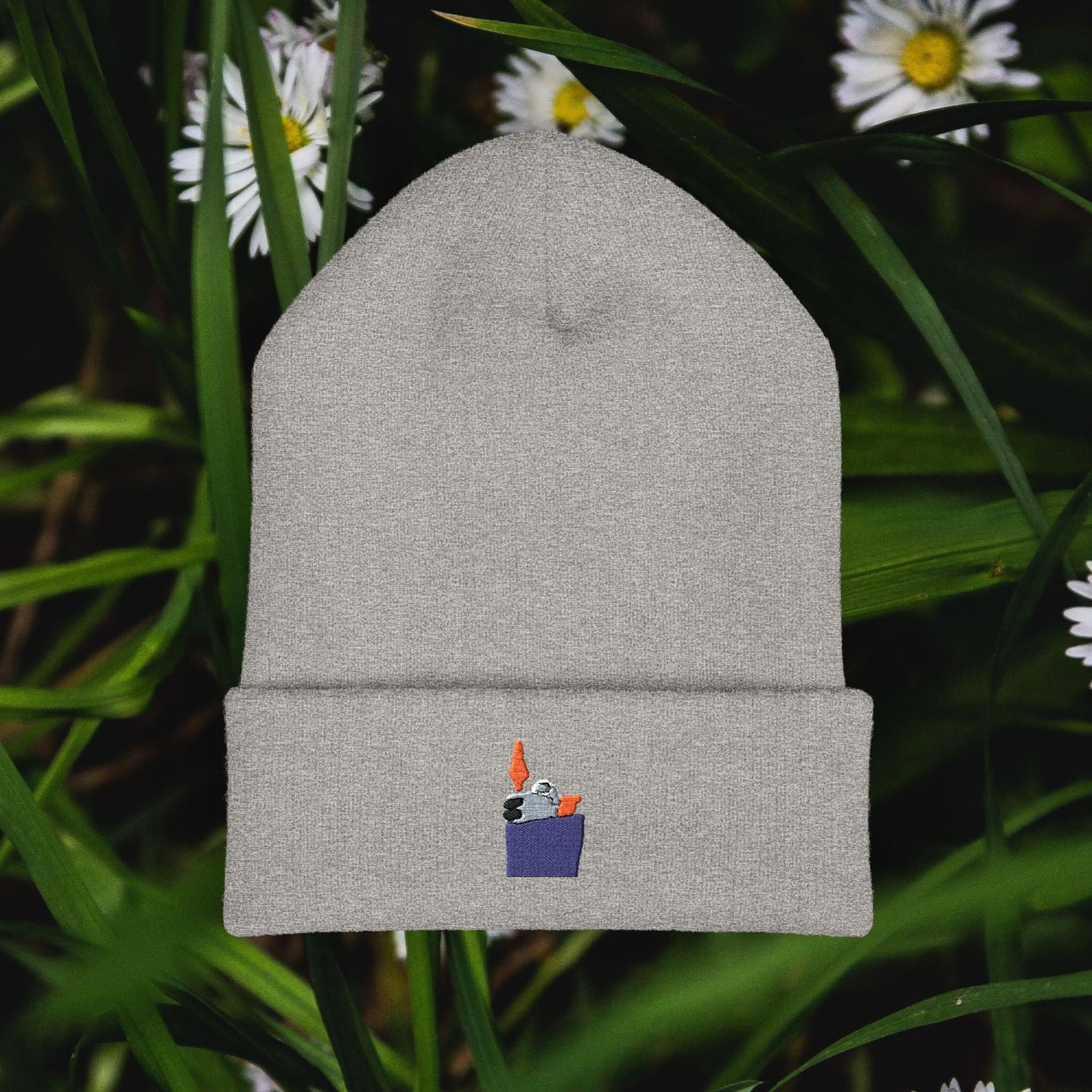 Mini Candle Pocket Embroidery Beanie | Cuffed Knit Hat