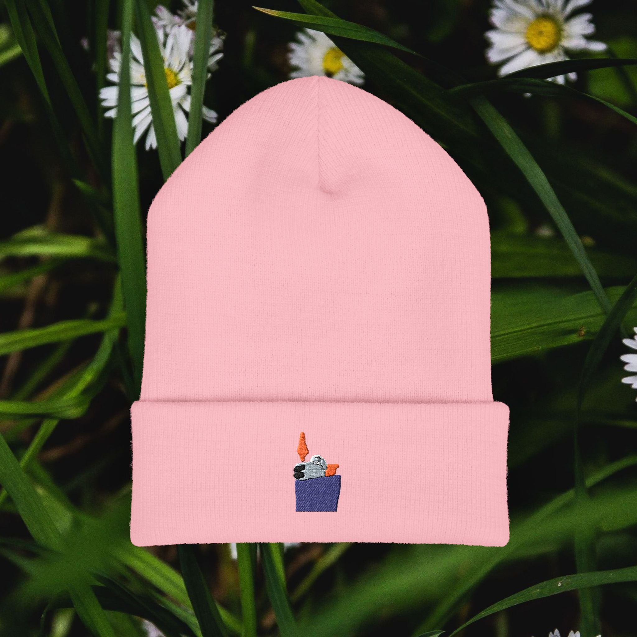Mini Candle Pocket Embroidery Beanie | Cuffed Knit Hat