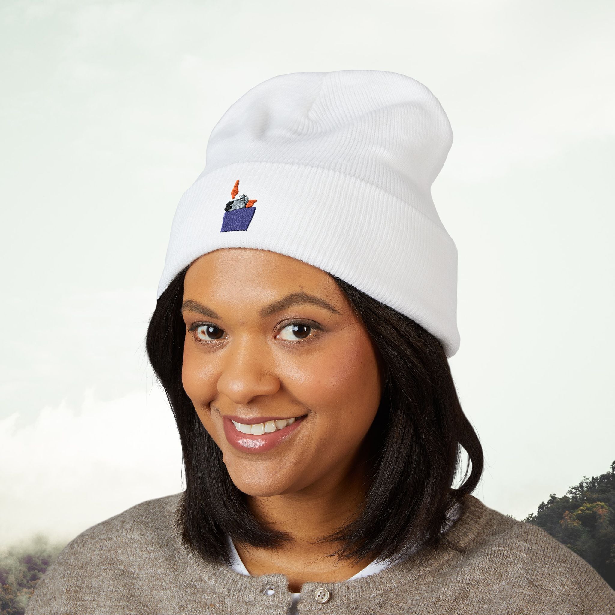 Mini Candle Pocket Embroidery Beanie | Cuffed Knit Hat