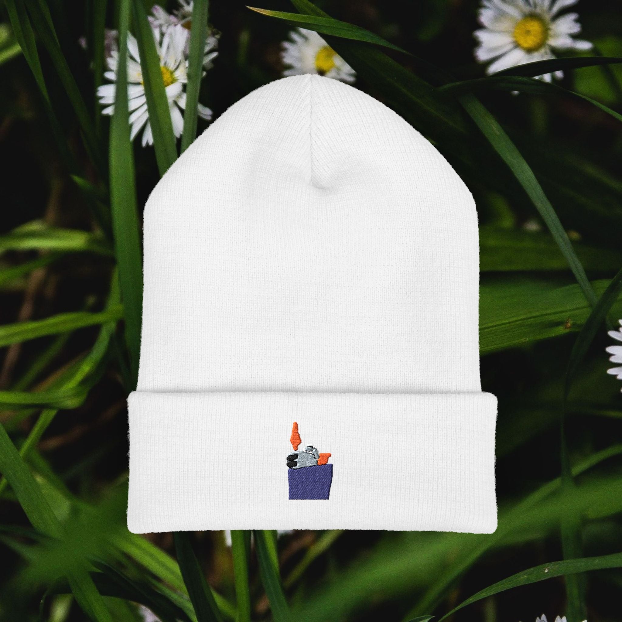 Mini Candle Pocket Embroidery Beanie | Cuffed Knit Hat